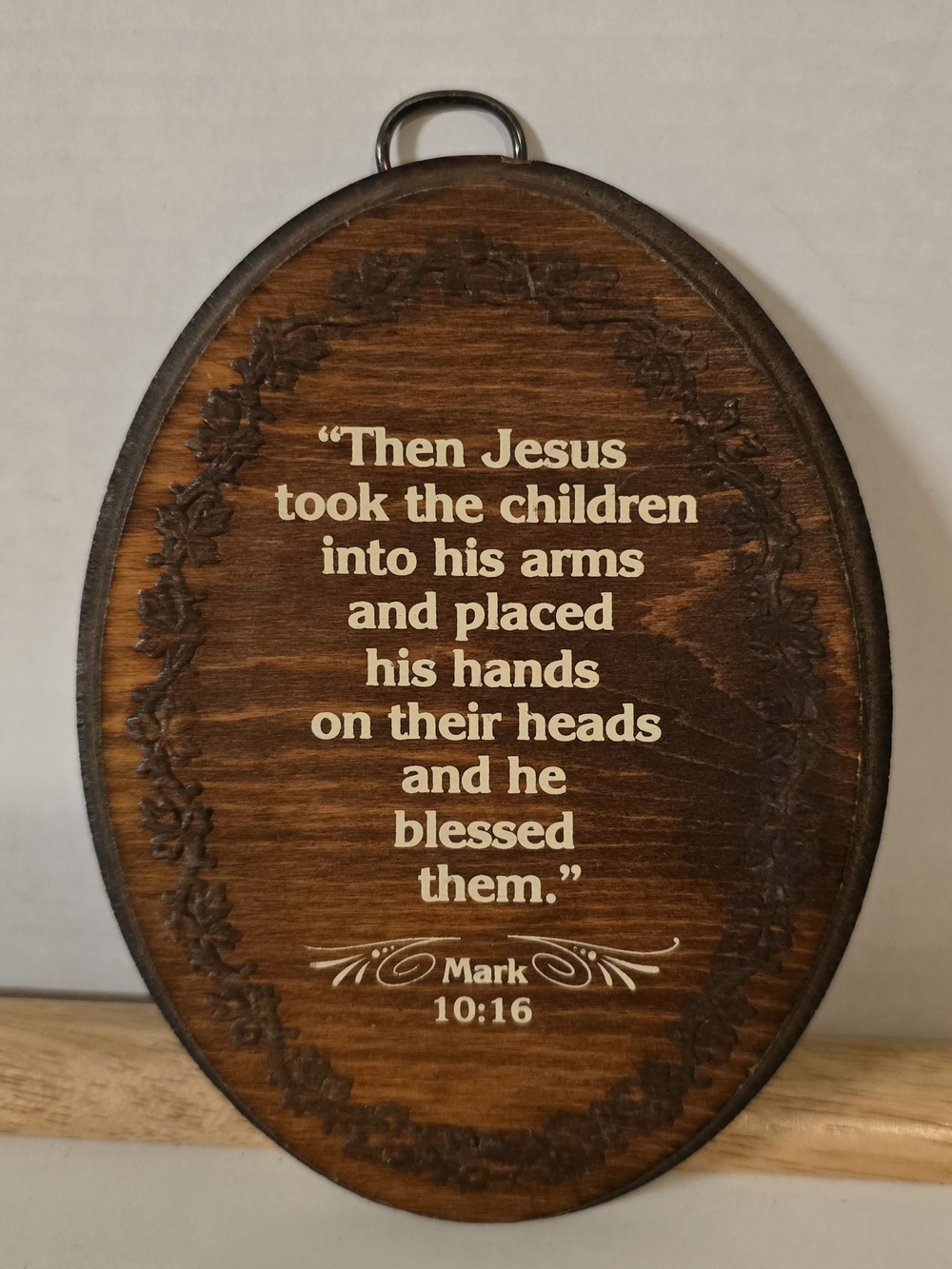 Vintage Fish Enterprises Wood Plaque Mark 10:16 Christian Wall Decor